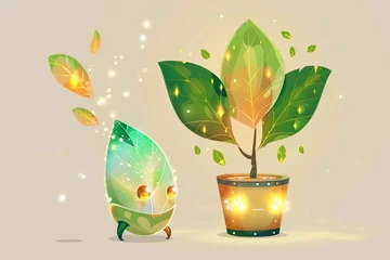 Fotobehang Gleaming Accents on Leaves of Whimsical Character Tree Pot in Vector, Decorated Garden Grow with Leaf and Flowerpot © Michael