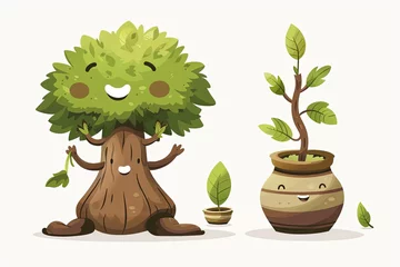 Fotobehang Whimsical Character Tree Pot - Cute Anthropomorphic Garden Illustration © Michael