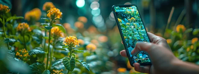 Fotobehang Smartphone Diagnostics for Plant Health - Phone Analyzing Plant with Data Overlays in Garden Setting © Exnoi