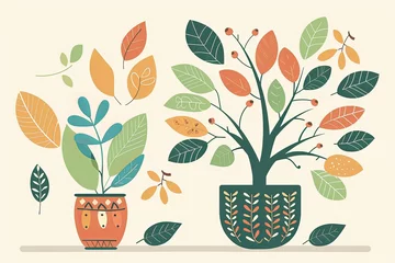 Fotobehang Whimsical Character Tree Pot in Vector Rich Foliage - Joyful Pot in Whimsical Style © Michael