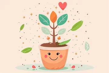 Fotobehang Joyful Whimsical Tree Character in Neutral Colored Pot Vector - Garden Wings and Flowerpot Creation © Michael