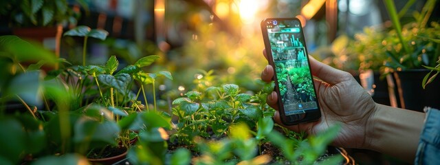 Smartphone Diagnostics for Plant Health - Phone Analyzing Plant with Data Overlays in Garden Setting