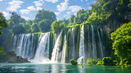 natural wonders of the world a serene landscape featuring lush green trees, cascading waterfalls, a