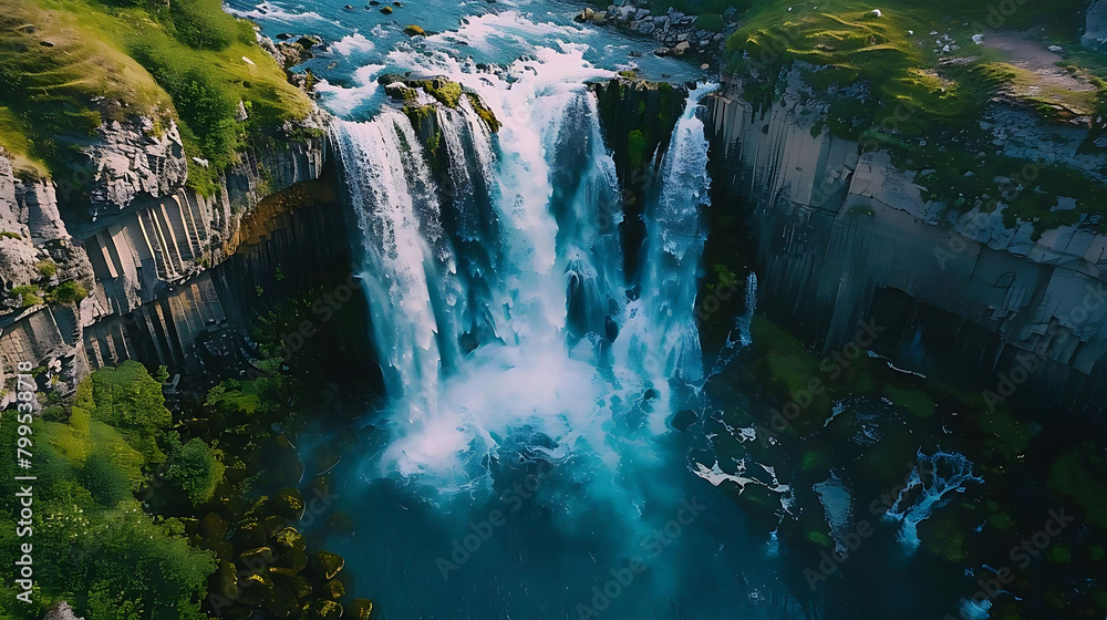 Wall mural natural wonders of the world a white waterfall cascading over lush green moss