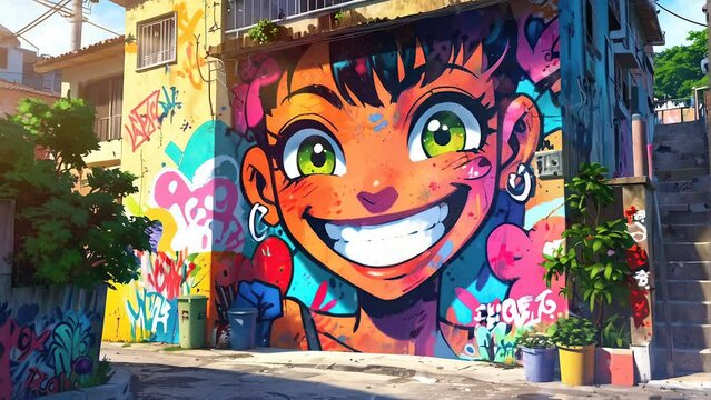 Dynamic 4K looping video showcasing graffiti art depicting a child's face on a street wall.