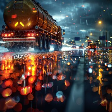 A tanker truck carrying gasoline makes a delivery driving through the city center at night with the streets wet after the rain, the tanker truck is on its way to the gas station
