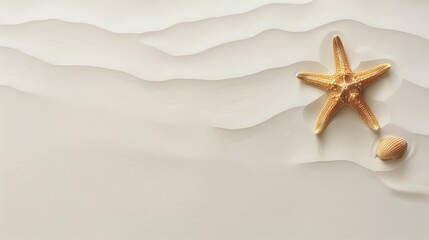 Fototapeta na wymiar Elegant minimalist beach scene with a golden starfish and seashell on white sand waves