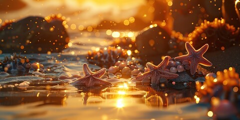 starfish and sea anemones under the golden light reflected in the water