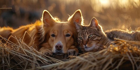 peaceful twilight of a dog and a cat