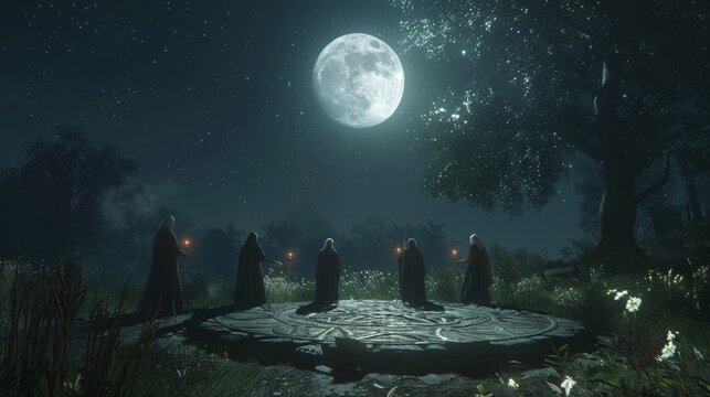 The night sky above a covens meeting place illuminated by a bright full moon with a circle of witches standing in formation. Each . .