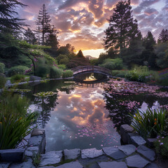 Serene Sunset Over San Francisco Botanical Garden Featuring Diverse Flora and Tranquil Pond Scenery