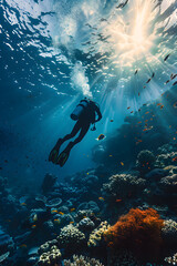 Immersive Exploration - Incredible Underwater View of a Scuba Diver Among Coral Reefs and Marine Life