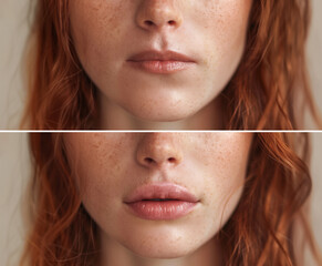 Cropped shot of young ginger woman's face with lips before and after lip enhancement. Injection of filler in lips. Lip augmentation.