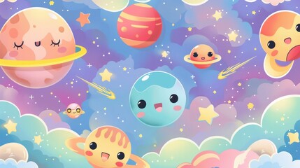 Colorful children's themed cute outer space background illustration design with cheerful planets and stars.