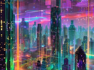 A holographic city skyline, showcasing futuristic architecture and advanced technological landscapes. 