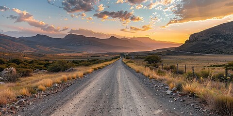 The last rays of the sun casting a warm glow over a solitary road framed by wild, rocky terrain