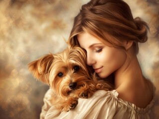 A young beautiful woman gently hugs her Yorkshire terrier dog 