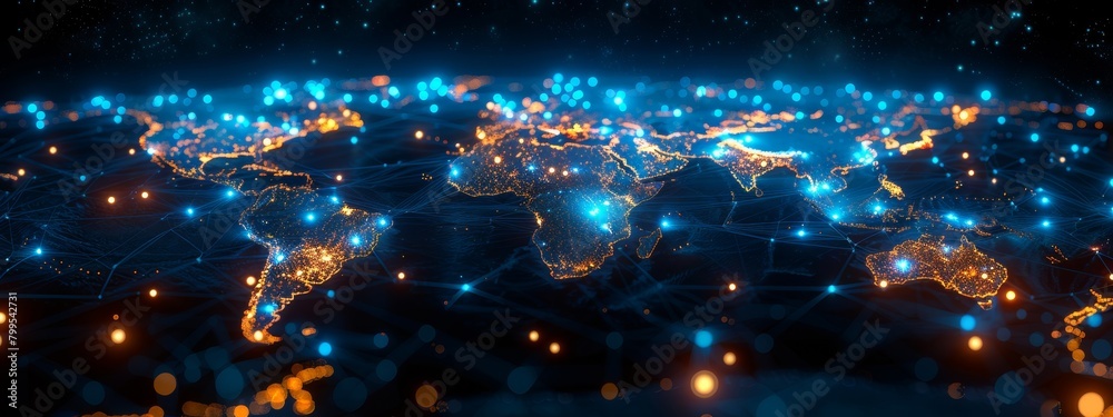 Poster global industries: open-source ai frameworks visualized as interlinking data flows in abstract digit