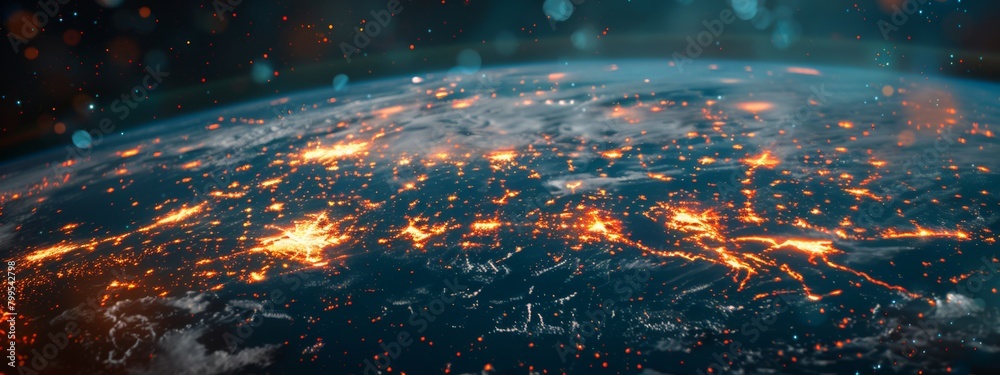 Poster global industries: open-source ai frameworks visualized as interlinking data flows in abstract digit