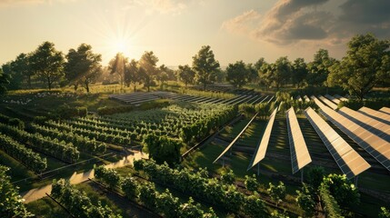 Fototapeta premium Farmland enhanced with agrivoltaics, where solar panels are intelligently integrated to provide both renewable energy generation and shade for crops hyper realistic 