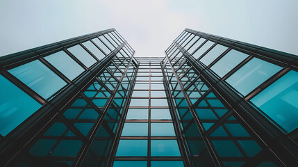 Symmetrical View of a Modern Glass Skyscraper Against a Clear Sky