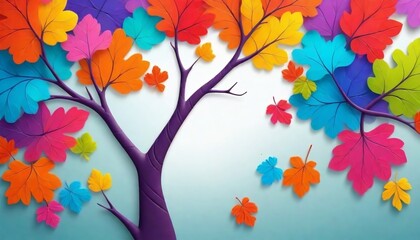 Elegant colorful tree with vibrant leaves hanging branches illustration background. Bright color 3d abstraction wallpaper for interior mural painting wall art decor created with generative ai.