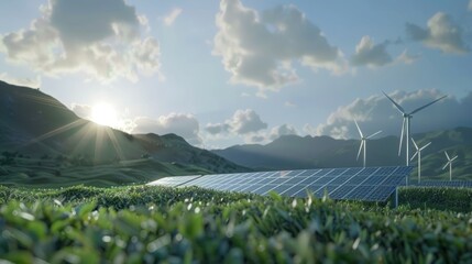 Renewable energy installation with solar panels and wind turbines Clean and sustainable power generation Earth friendly eco conscious nature loving with copyspace for text hyper realistic 