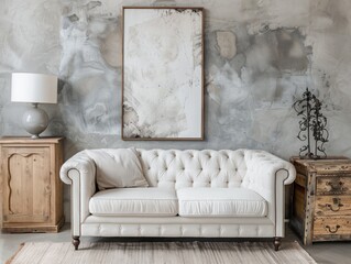 Rustic cabinet near white tufted sofa against concrete wall with art poster. Minimalist, loft, urban home interior design of modern living room. 
