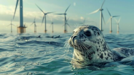 Seal's head in the sea with wind turbines in the background demonstrating clean Renewable Wind energy for sustainable energy sources and environment protection hyper realistic 
