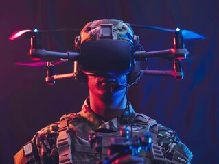Soldier controlling fpv quadcopter drone, wearing a VR headset, modern future virtual reality warfare 