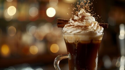 A nonalcoholic Irish coffee being served at the bar complete with whipped cream and a sprinkle of cinnamon on top. - obrazy, fototapety, plakaty