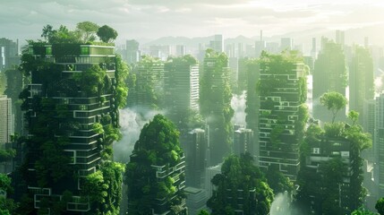 Splendid environmental awareness city with vertical forest concept of metropolis covered with green plants. Civil architecture and natural biological life combination. . Generative AI hyper realistic 