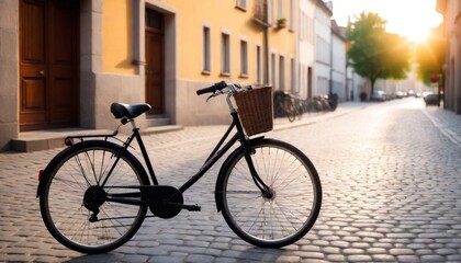Bicycle is parked on a cobblestone street ,sunset in the background,3D illustration created with generative ai.