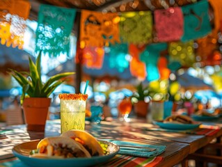 A table with a drink and food on it