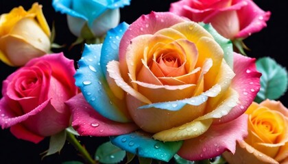 Colorful rose with water droplets on it ,HD illustration created with generative ai.
