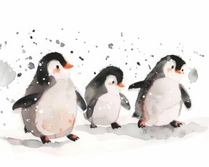 A lovely watercolor painting of a group of penguins sliding on ice, playful and engaging, minimal watercolor style illustration isolated on white background