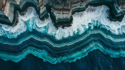 Aerial View of Striped Rock Formations and Turquoise Waves at Coastline