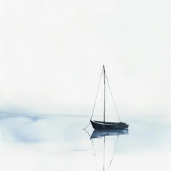 A minimal watercolor painting of a lone boat on a calm sea, serene and uncluttered, minimal watercolor style illustration isolated on white background