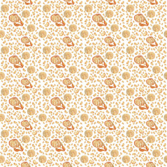 Seamless pattern with whole tangerines, slices and peels. Hand drawn watercolor design element. On white background.