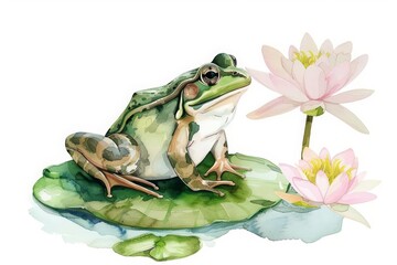 A sweet watercolor painting of a little frog sitting on a lily pad, minimal and cute, minimal watercolor style illustration isolated on white background