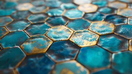 A detailed close-up shot of a blue and gold tile. This image can be used to add an elegant touch to interior design projects or as a background for websites and social media posts hyper realistic 