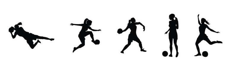 Set of Women soccer player silhouettes. Isolated on white background. Vector illustration
