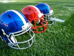 American football helmets at the artificial grass playing field 
