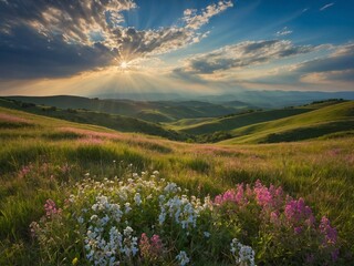 Obraz premium Sunset paints sky, casting warm hues over rolling hills, vibrant wildflowers. Sunbeams pierce through clouds, illuminating serene landscape.