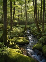 Fototapeta premium Gentle stream winds through moss-covered forest floor, sunlight filtering through tall trees. Vibrant green moss blankets rocks, creating serene scene of untouched nature.