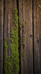 Fototapeta premium Vibrant green moss growing in crevice between weathered wooden planks. This highlights natures resilience, beauty in reclaiming man-made structures. Textured wood bears marks of time.