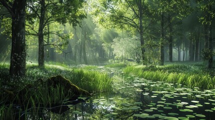 Calm green forest hyper realistic 
