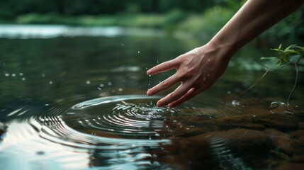 Closeup of a woman's hand touching the lake water, causing ripples. A concepts of cleansing, nature, environment and sustainability hyper realistic 