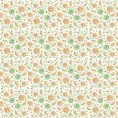 Seamless pattern with cut citrus. Orange and green slices of lime, lemon, orange and mandarines. Works for scrapbooking, wallpaper design, decoupage etc. On white background. On white background. 
