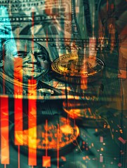 Economic crisis, financial background. Double exposure of Coins and US dollars bank note currency with financial graph chart falling due to global economic recession, stock market crash generative ai 